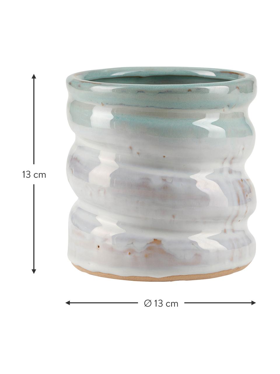 Cache-pot grès cérame blanc/vert Lines, Grès cérame, Blanc cassé, tons bleus, Ø 13 x haut. 13 cm