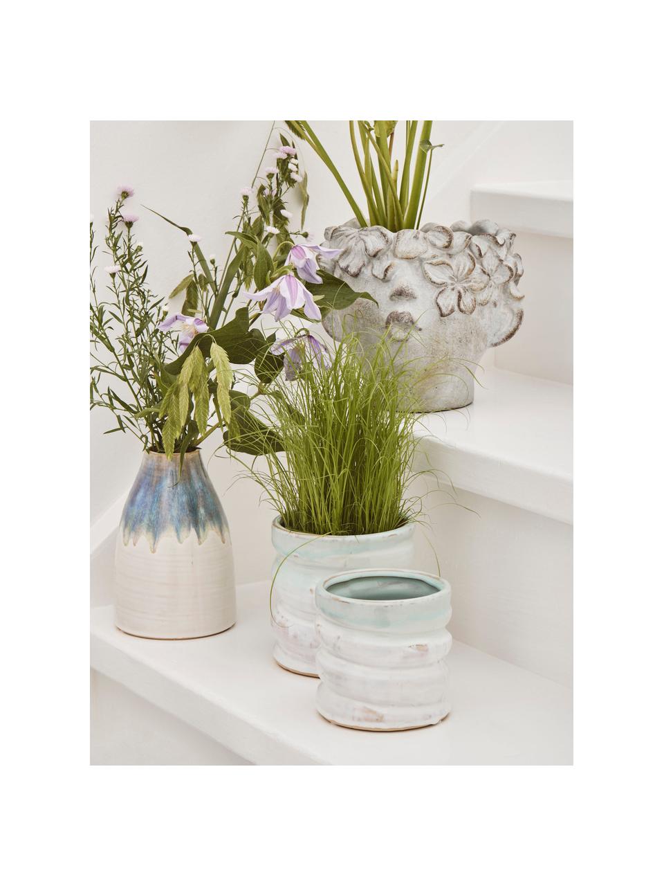 Keramische plantenpot Lines met kleurloop in wit/groen, Keramiek, Gebroken wit, blauwgroen, Ø 13 x H 13 cm