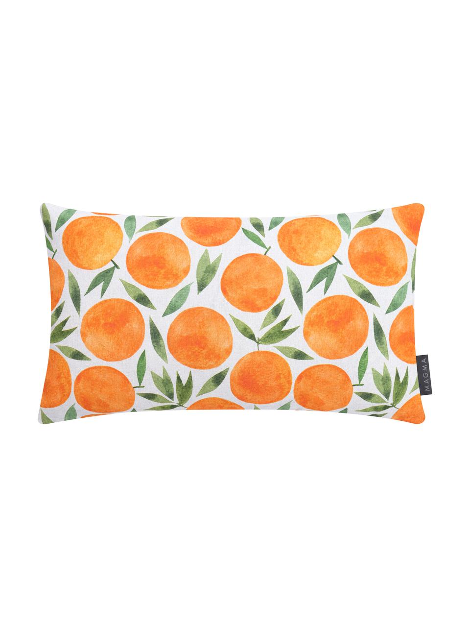Kissenhülle Orange mit sommerlichem Motiv, Webart: Halbpanama, Orange, Weiss, Grün, 30 x 50 cm