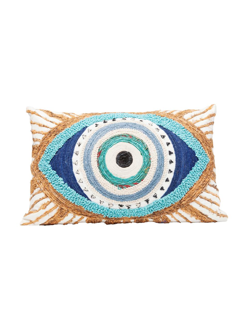 Geborduurd kussen Ethno Eye met juten decoratie, met vulling, Decoratie: jute, Wit, beige, blauw, B 35 x L 55 cm