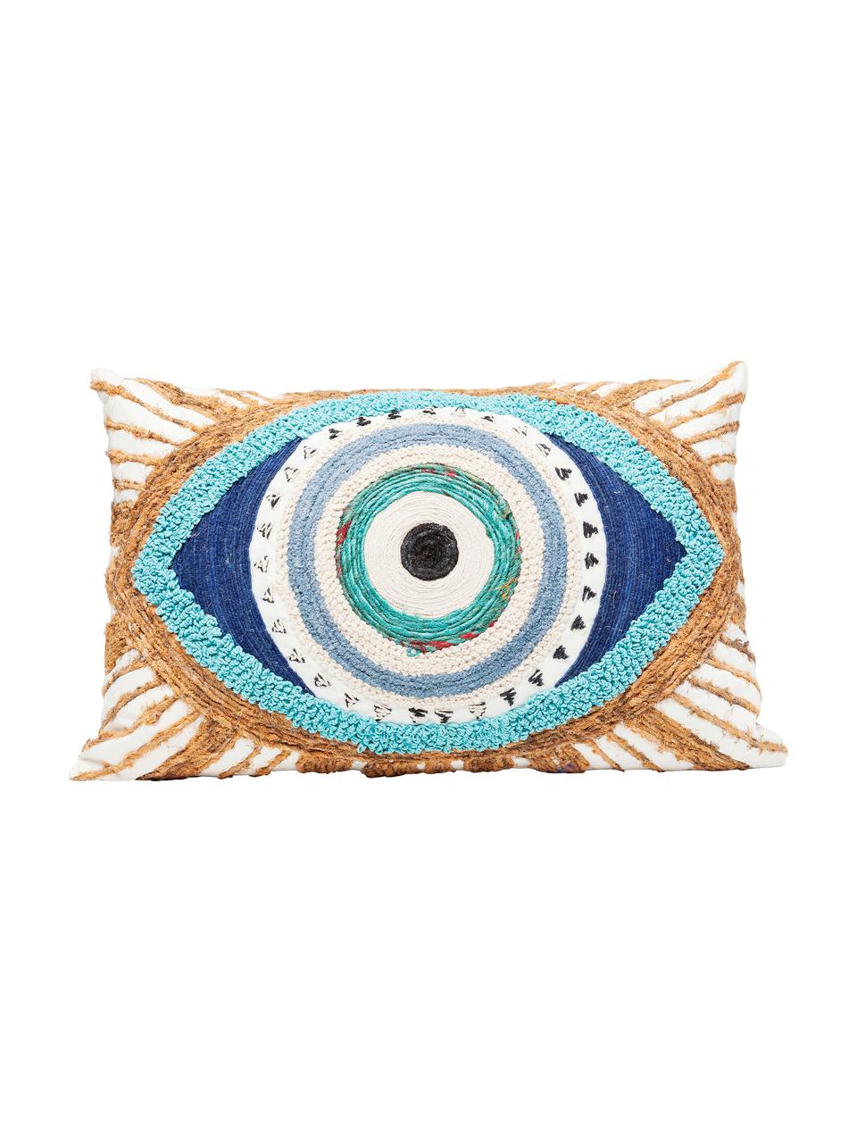 Poduszka z haftem i wypełnieniem Ethno Eye, Biały, beżowy, niebieski, S 35 x D 55 cm