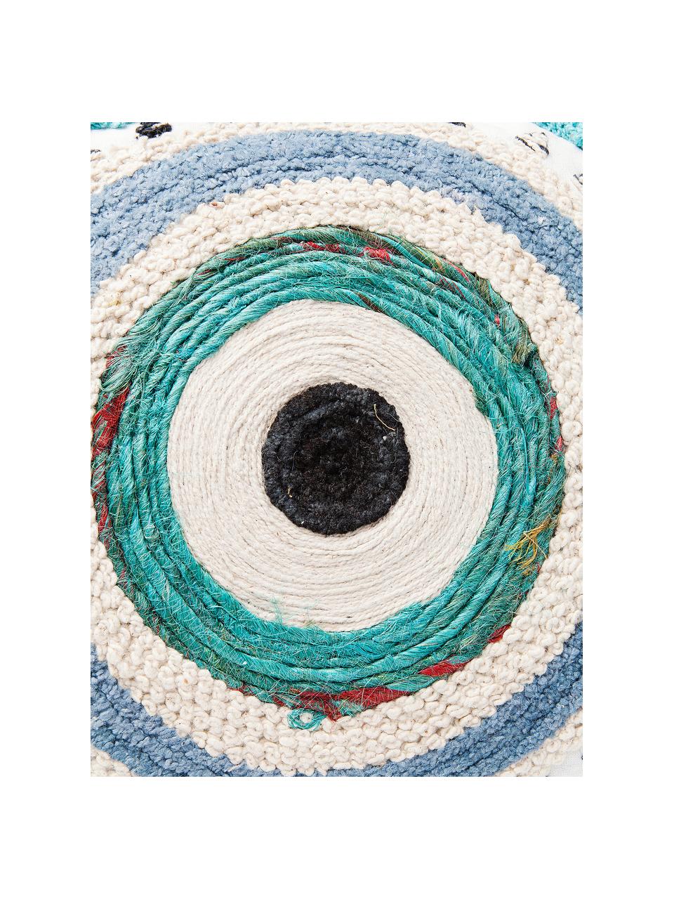 Cojín artesanal con detalles en yute Ethno Eye, con relleno, Tapizado: 100% algodón, Adornos: yute, Blanco, beige, azul, An 35 x L 55 cm