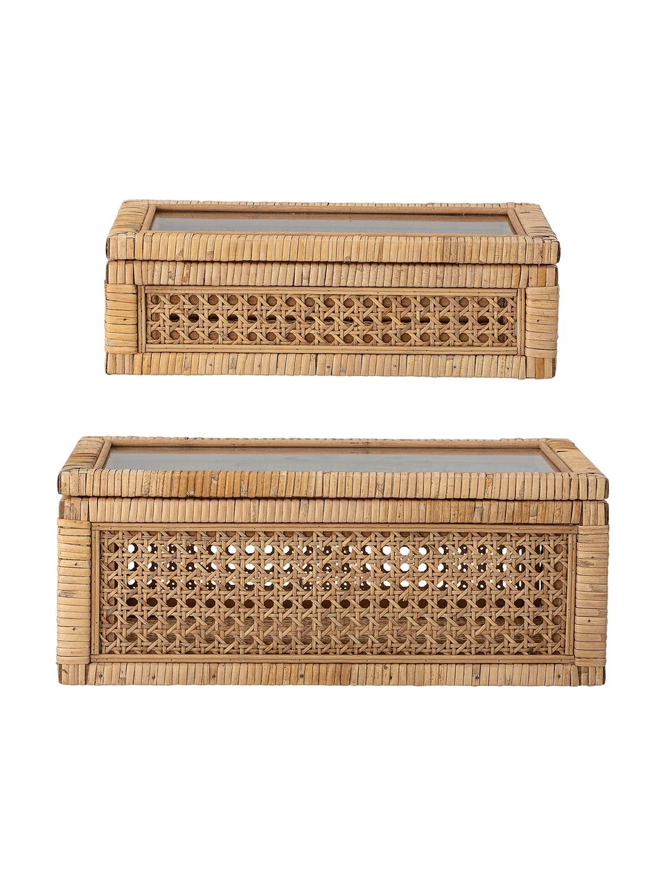 Sieradendoosjes Talina, set van 2, Doos: rotan, hout, Deksel: glas, Bruin, Set met verschillende formaten