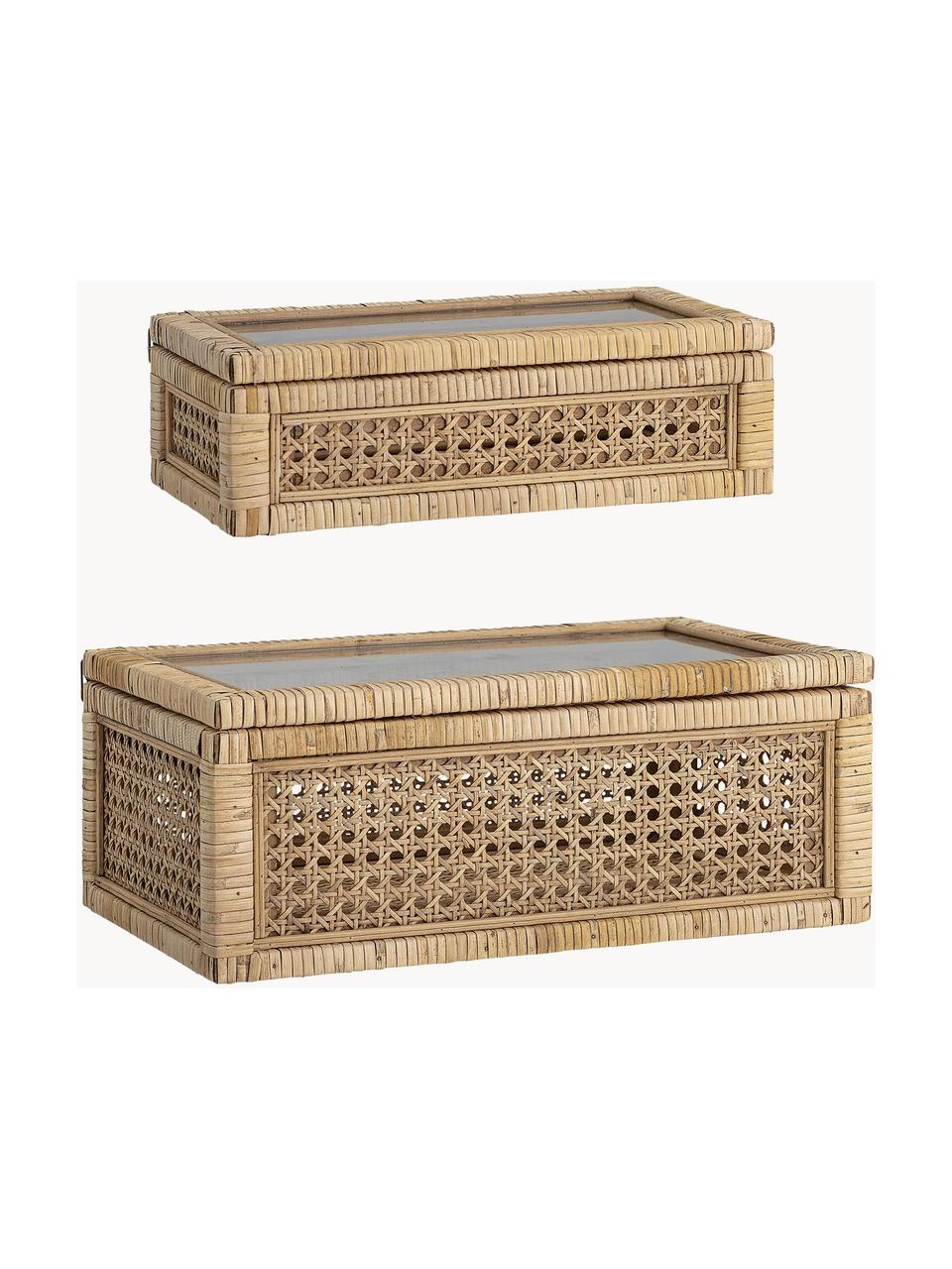 Schmuckboxen Talina, 2er-Set, Box: Rattan, Holz, Deckel: Glas, Braun, Set mit verschiedenen Grössen