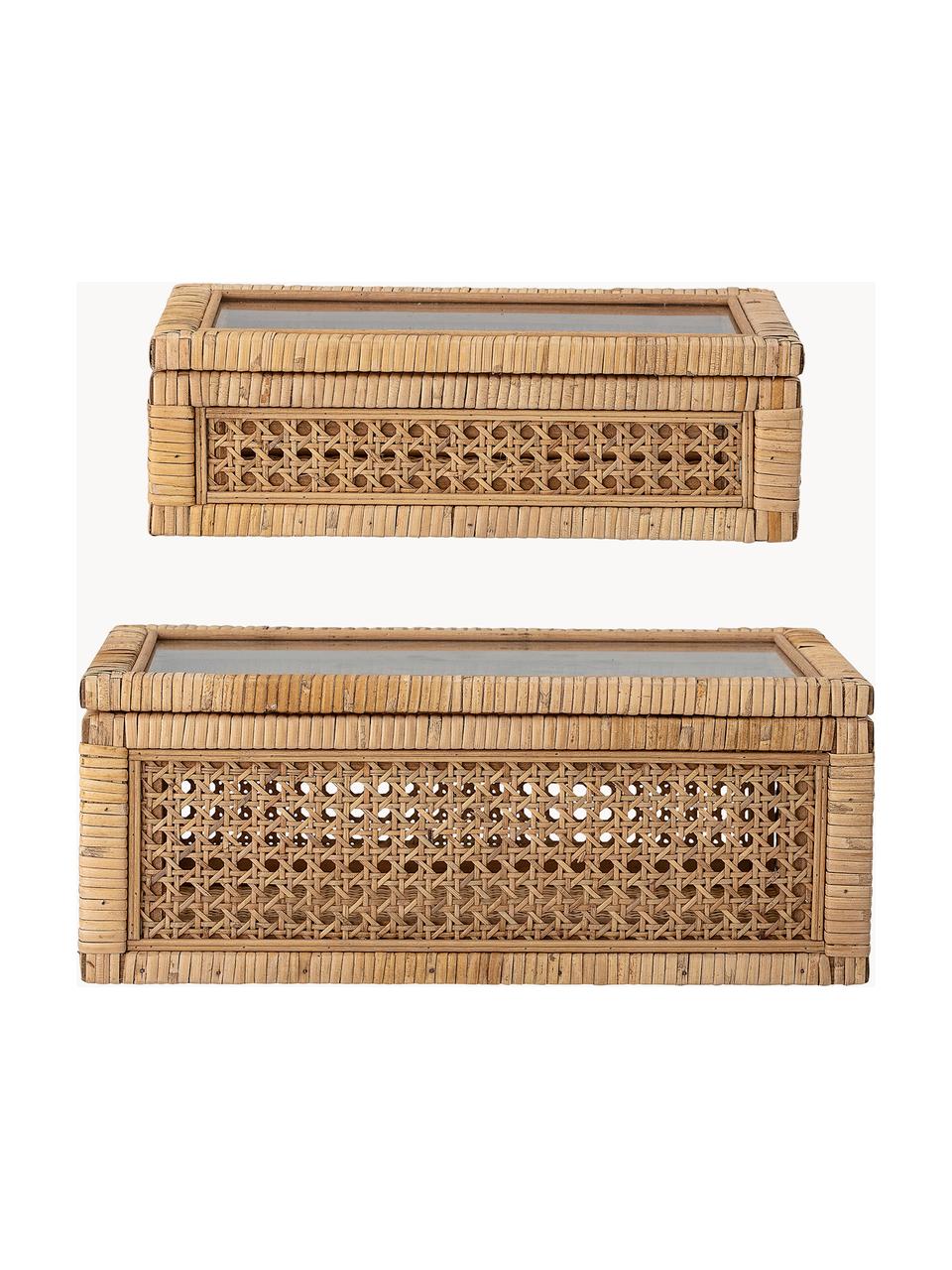 Schmuckboxen Talina, 2er-Set, Box: Rattan, Holz, Deckel: Glas, Braun, Set mit verschiedenen Grössen