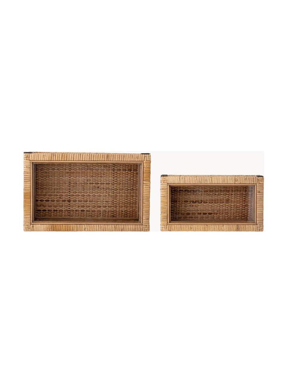 Schmuckboxen Talina, 2er-Set, Box: Rattan, Holz, Deckel: Glas, Braun, Set mit verschiedenen Größen