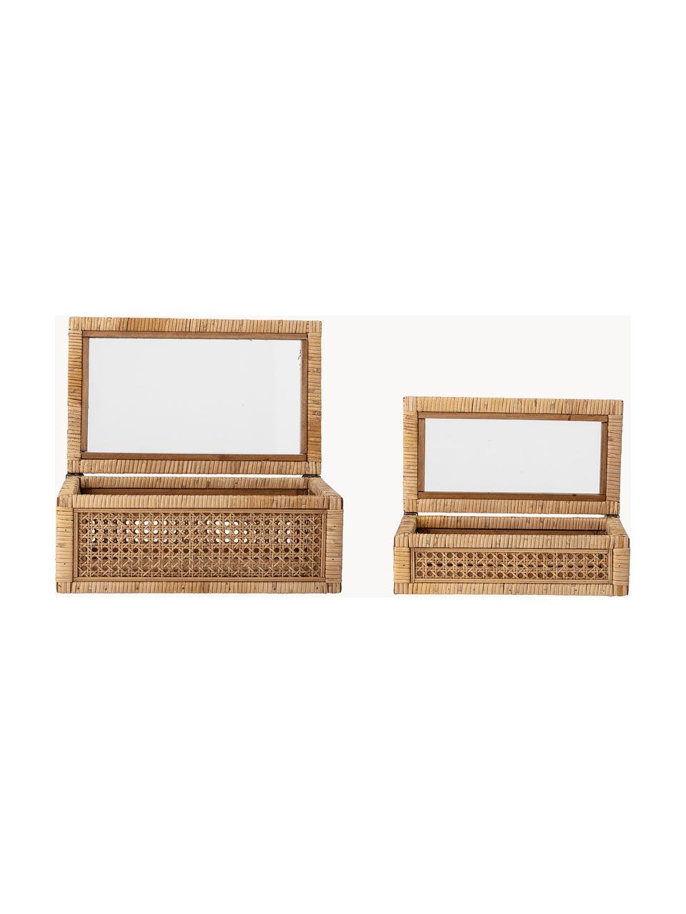 Schmuckboxen Talina, 2er-Set, Box: Rattan, Holz, Deckel: Glas, Braun, Set mit verschiedenen Grössen