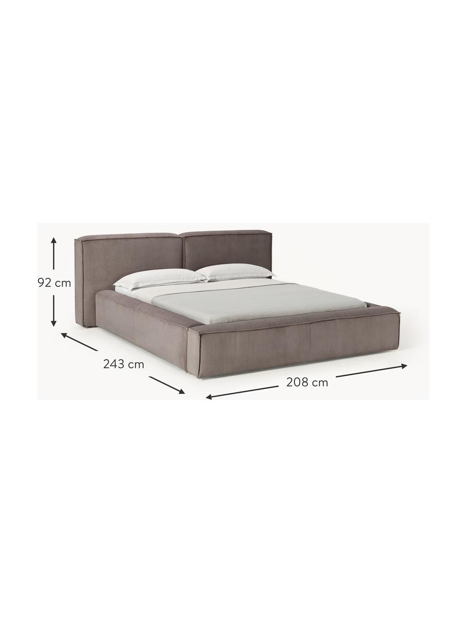 Cama tapizada en pana Lennon, con espacio de almacenamiento, Tapizado: pana (98% poliéster, 2% p, Estructura: madera de pino maciza, ma, Patas: madera, plástico Este pro, Pana gris pardo, An 248 x L 243 cm (colchón 180 x 200 cm)