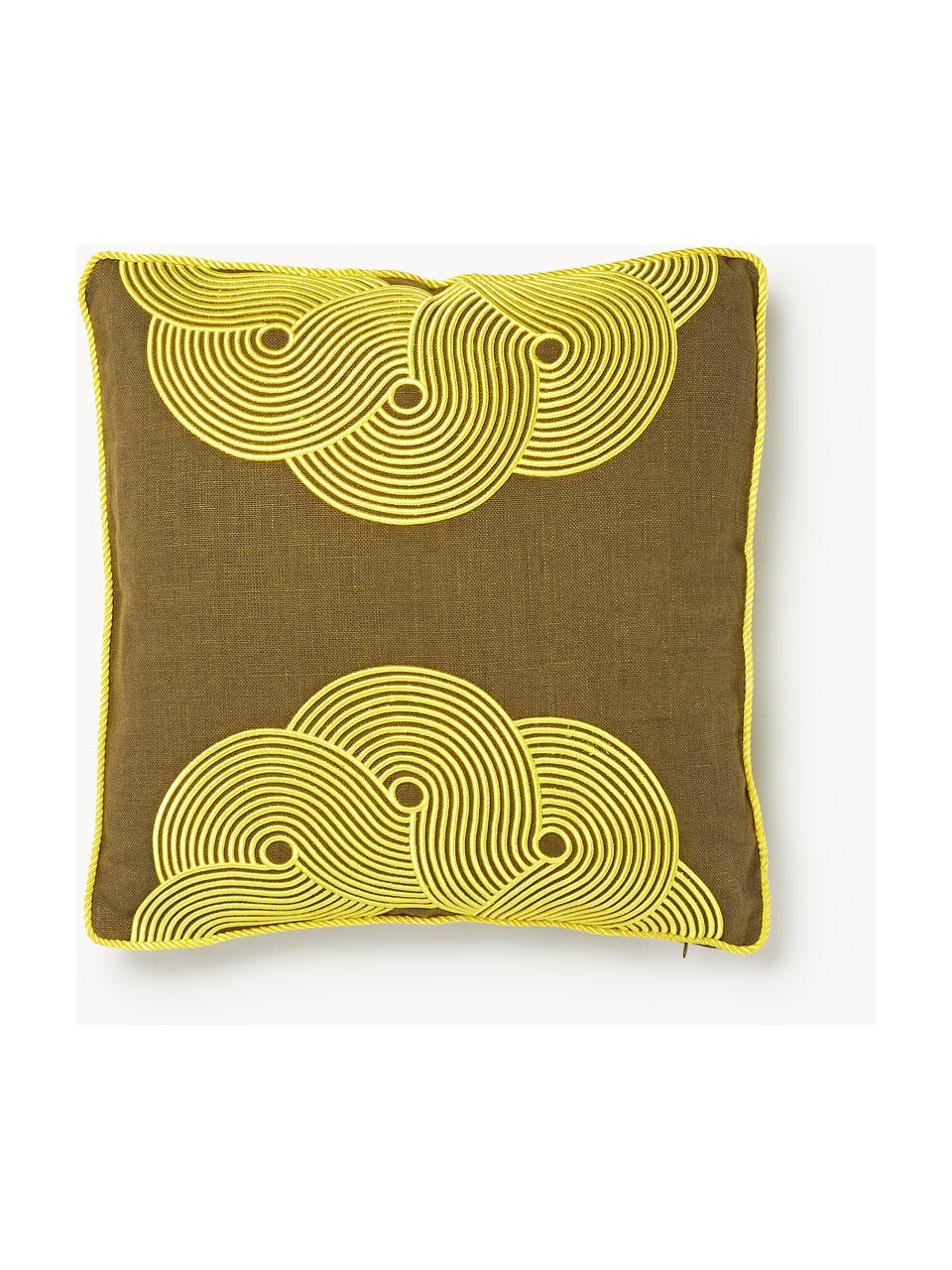 Cuscino decorativo in lino Pompidou, Rivestimento: 100% lino, Decorazione: raso (100 % cotone), Giallo chiaro, verde oliva, Larg. 45 x Lung. 45 cm