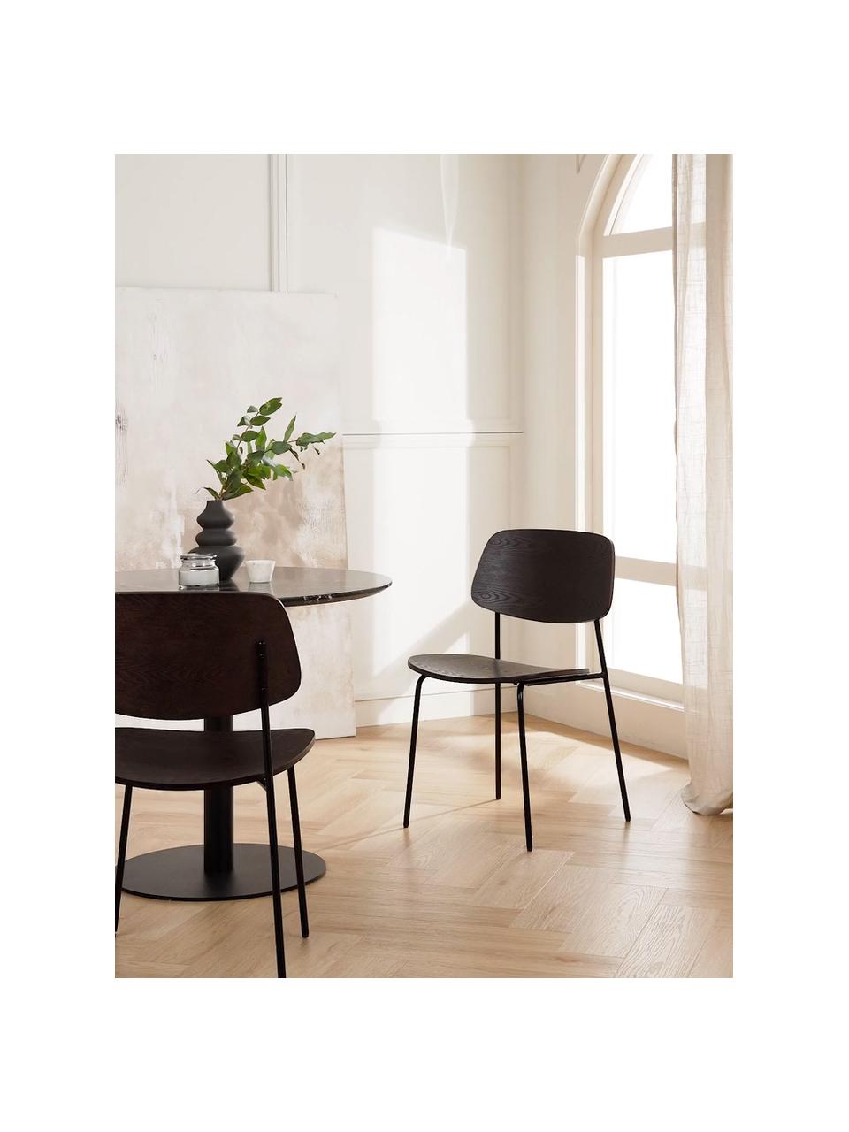 Houten stoelen Nadja, 2 stuks, Zitvlak: multiplex met essenhoutfi, Poten: gepoedercoat metaal, Donker hout, B 50 x H 53 cm