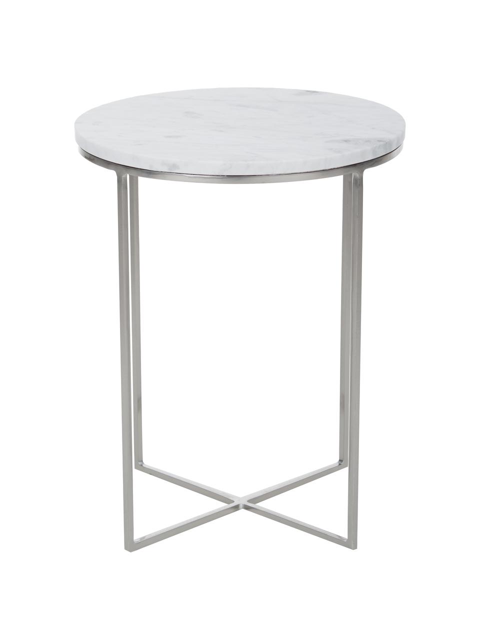 Tavolino rotondo con piano in marmo Alys, Struttura: metallo verniciato a polv, Bianco marmorizzato, argentato, Ø 40 x Alt. 50 cm