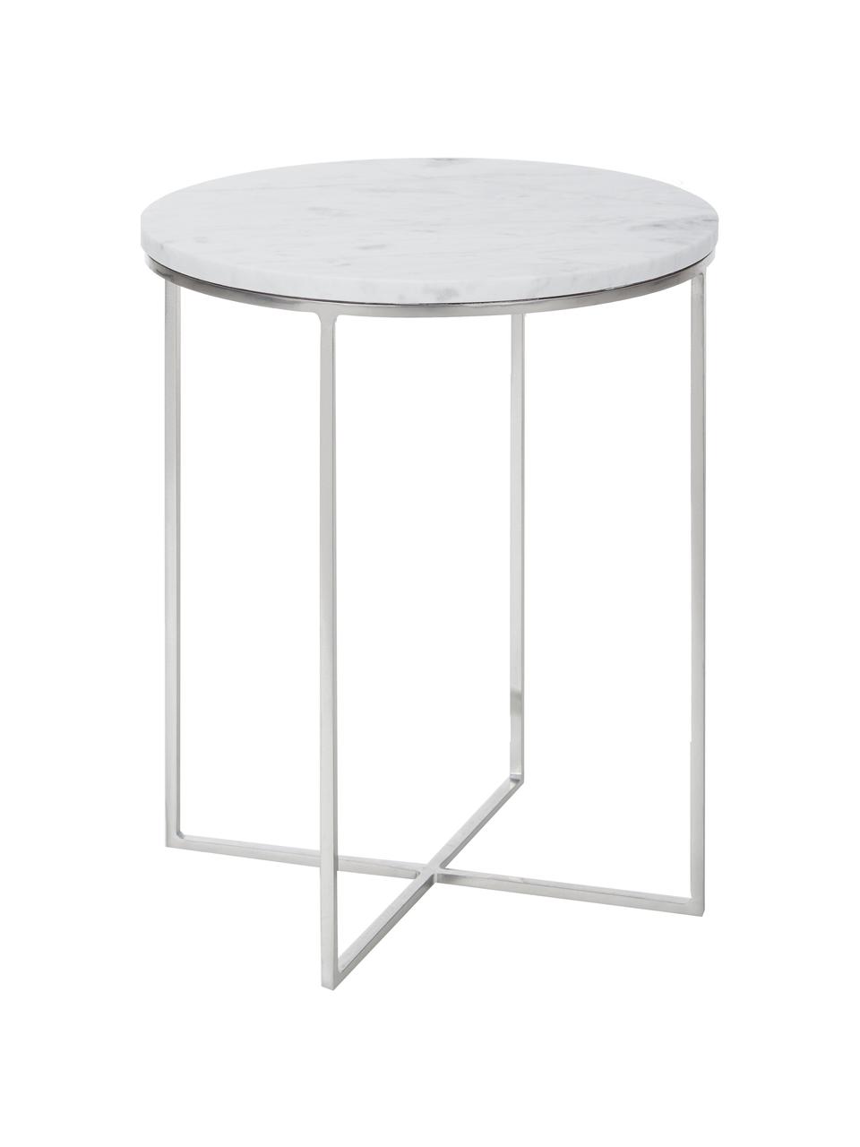 Tavolino rotondo con piano in marmo Alys, Struttura: metallo verniciato a polv, Marmo bianco, argentato, Ø 40 x Alt. 50 cm