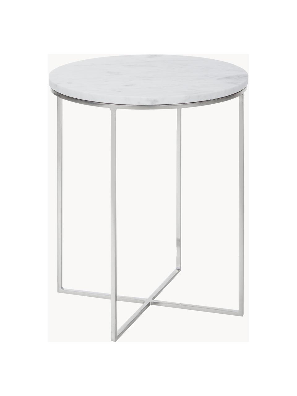 Runder Marmor-Beistelltisch Alys, Tischplatte: Marmor, Gestell: Metall, pulverbeschichtet, Weiß, marmoriert, Silberfarben, Ø 40 x H 50 cm
