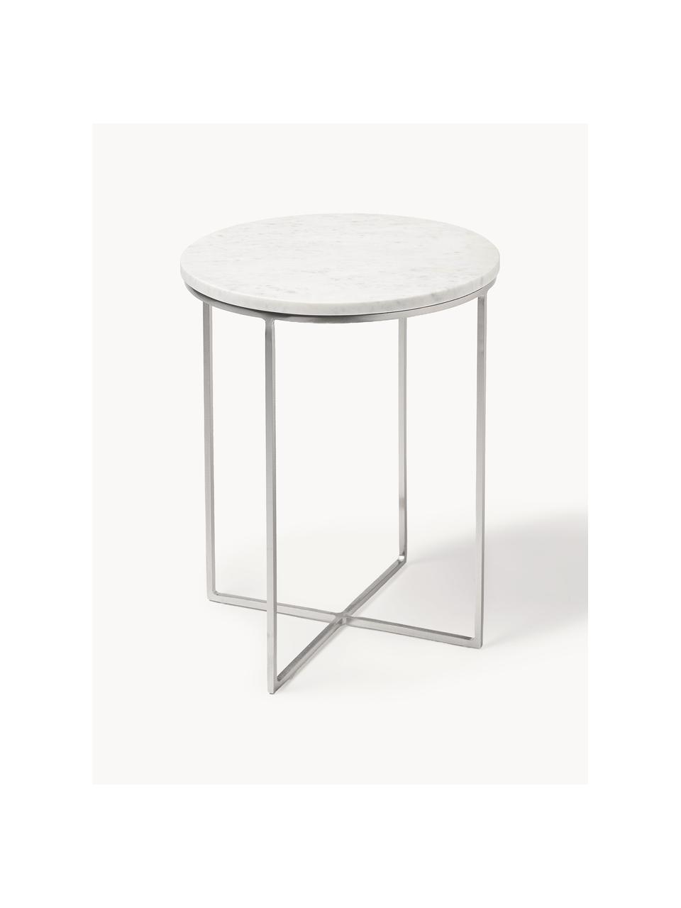 Kulatý mramorový odkládací stolek Alys, Bílá mramorovaná, stříbrná, Ø 40 cm, V 50 cm