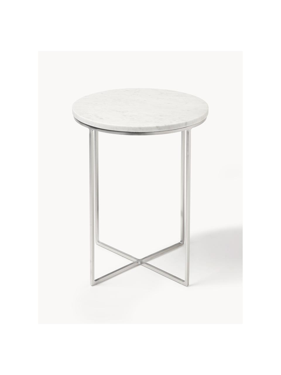 Tavolino rotondo in marmo Alys, Struttura: metallo verniciato a polv, Bianco marmorizzato, argentato, Ø 40 x Alt. 50 cm