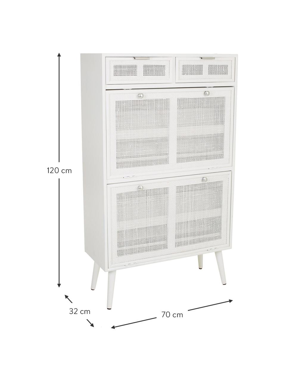 Schoenenkast Cayetana van hout, Frame: gelakt MDF, Handvatten: metaal, Poten: bamboehout, gelakt, Wit, hout, B 70 cm x H 120 cm
