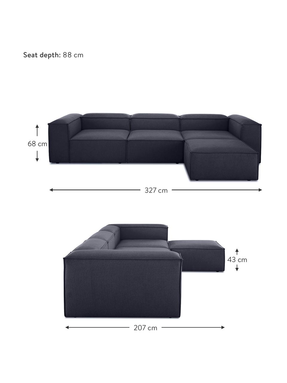 Canapé d'angle modulable 4 places avec tabouret Lennon, Tissu bleu foncé, larg. 327 x prof. 207 cm