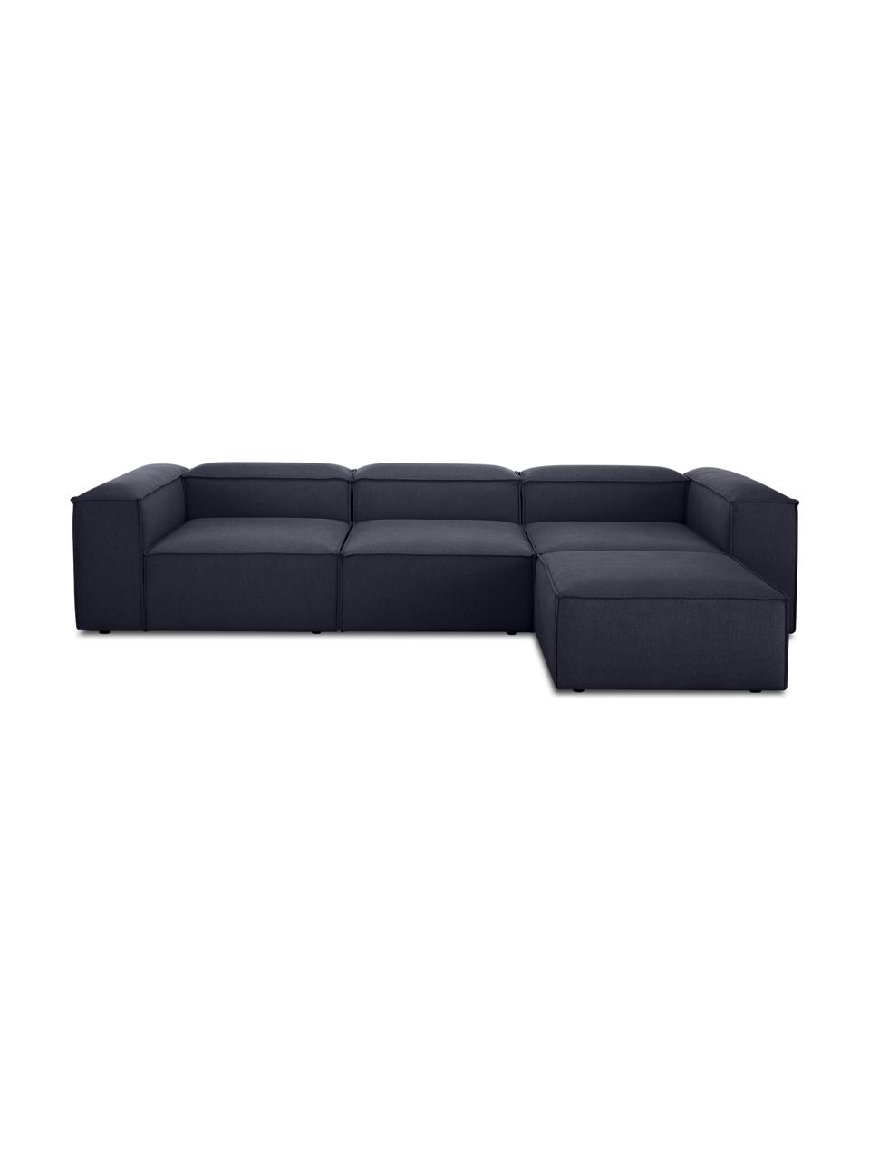 Sofa modułowa z pufem Lennon (4-osobowa), Tapicerka: 100% poliester Dzięki tka, Stelaż: lite drewno sosnowe, cert, Nogi: tworzywo sztuczne, Ciemnoniebieska tkanina, S 327 x G 207 cm