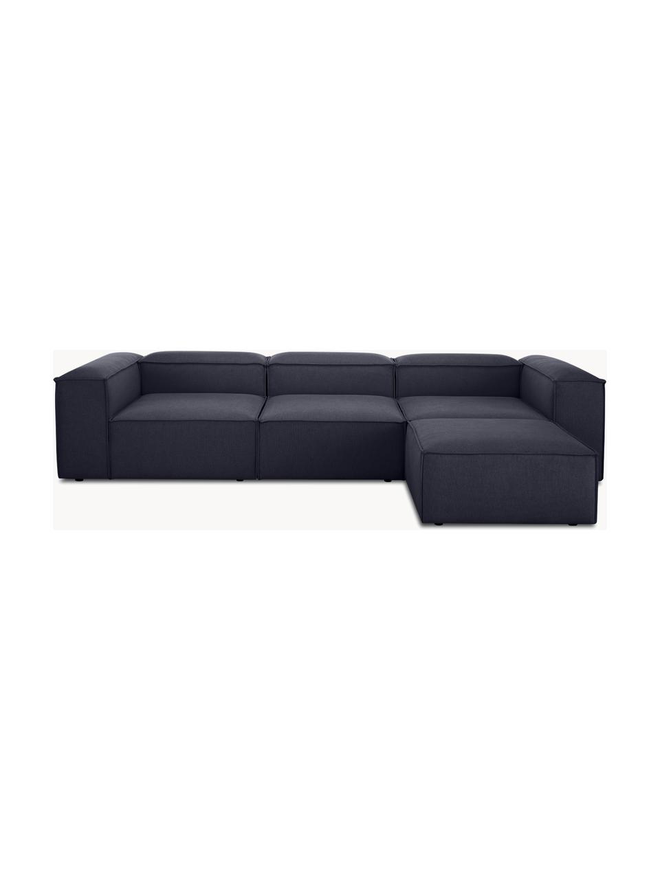 Modulares Sofa Lennon (4-Sitzer) mit Hocker, Bezug: 100 % Polyester Der strap, Gestell: Massives Kiefernholz FSC-, Füße: Kunststoff, Webstoff Dunkelblau, B 327 x T 207 cm
