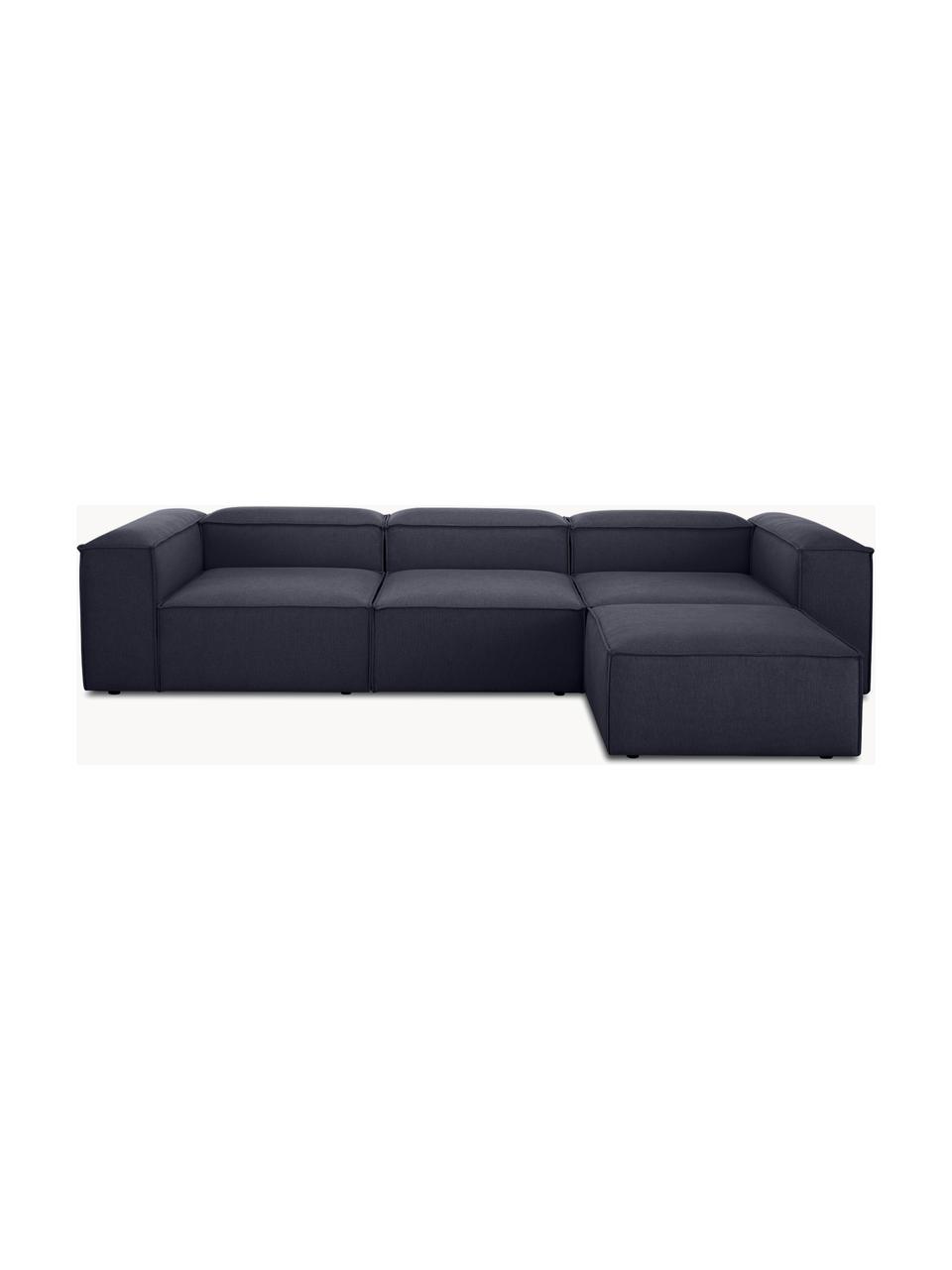 Sofa modułowa z pufem Lennon (4-osobowa), Tapicerka: 100% poliester Dzięki tka, Stelaż: lite drewno sosnowe, cert, Nogi: tworzywo sztuczne, Ciemnoniebieska tkanina, S 327 x G 207 cm