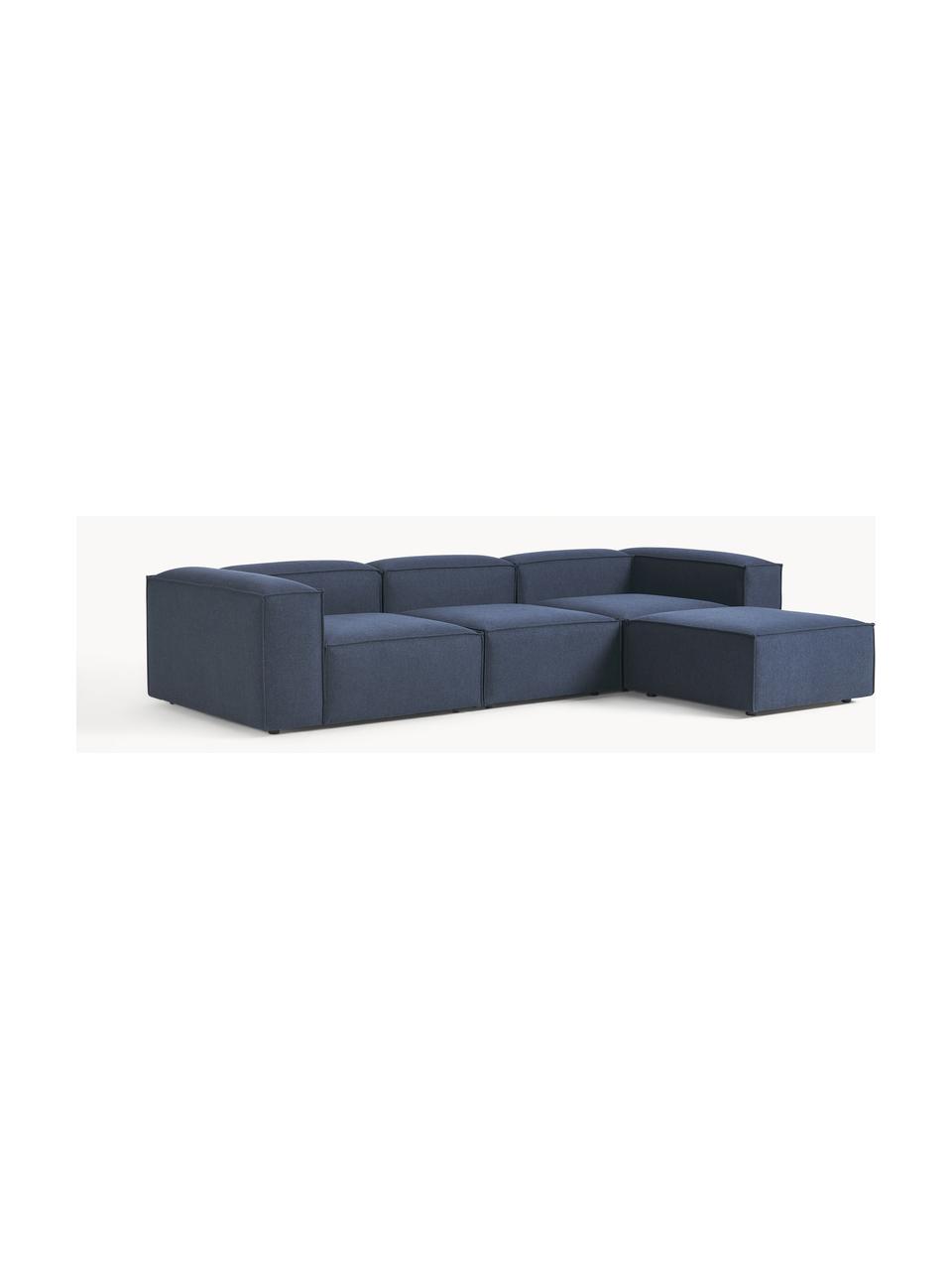 Divano componibile 4 posti con poggiapiedi Lennon, Rivestimento: 100% poliestere Con 115.0, Struttura: legno di pino massiccio, , Piedini: plastica Questo prodotto , Tessuto blu scuro, Larg. 329 x Prof. 207 cm