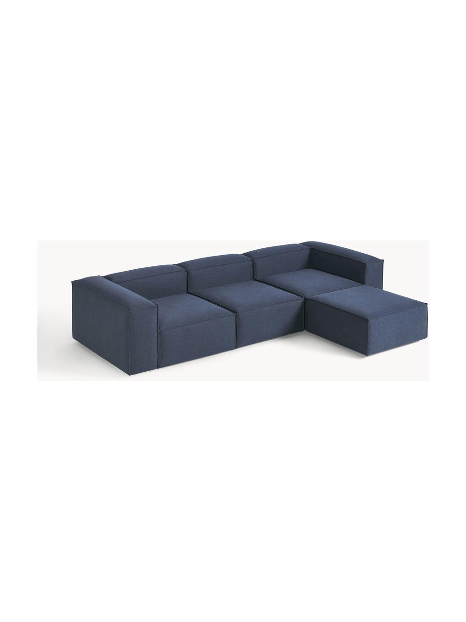 Canapé d'angle modulable 4 places avec pouf Lennon, Tissu bleu foncé, larg. 327 x prof. 207 cm