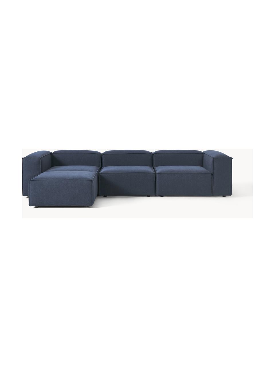 Modulares Sofa Lennon (4-Sitzer) mit Hocker (links/rechts), Bezug: 100 % Polyester Der strap, Gestell: Massives Kiefernholz, Spe, Füße: Kunststoff Dieses Produkt, Webstoff Dunkelblau, B 329 x T 207 cm