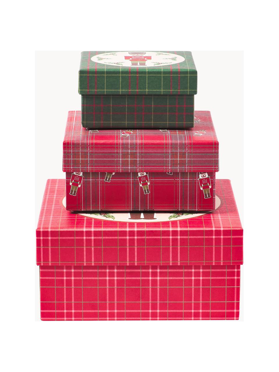 Set de cajas regalo Nussknacker, 3 uds., Papel, Rojo, verde, beige, Set de diferentes tamaños