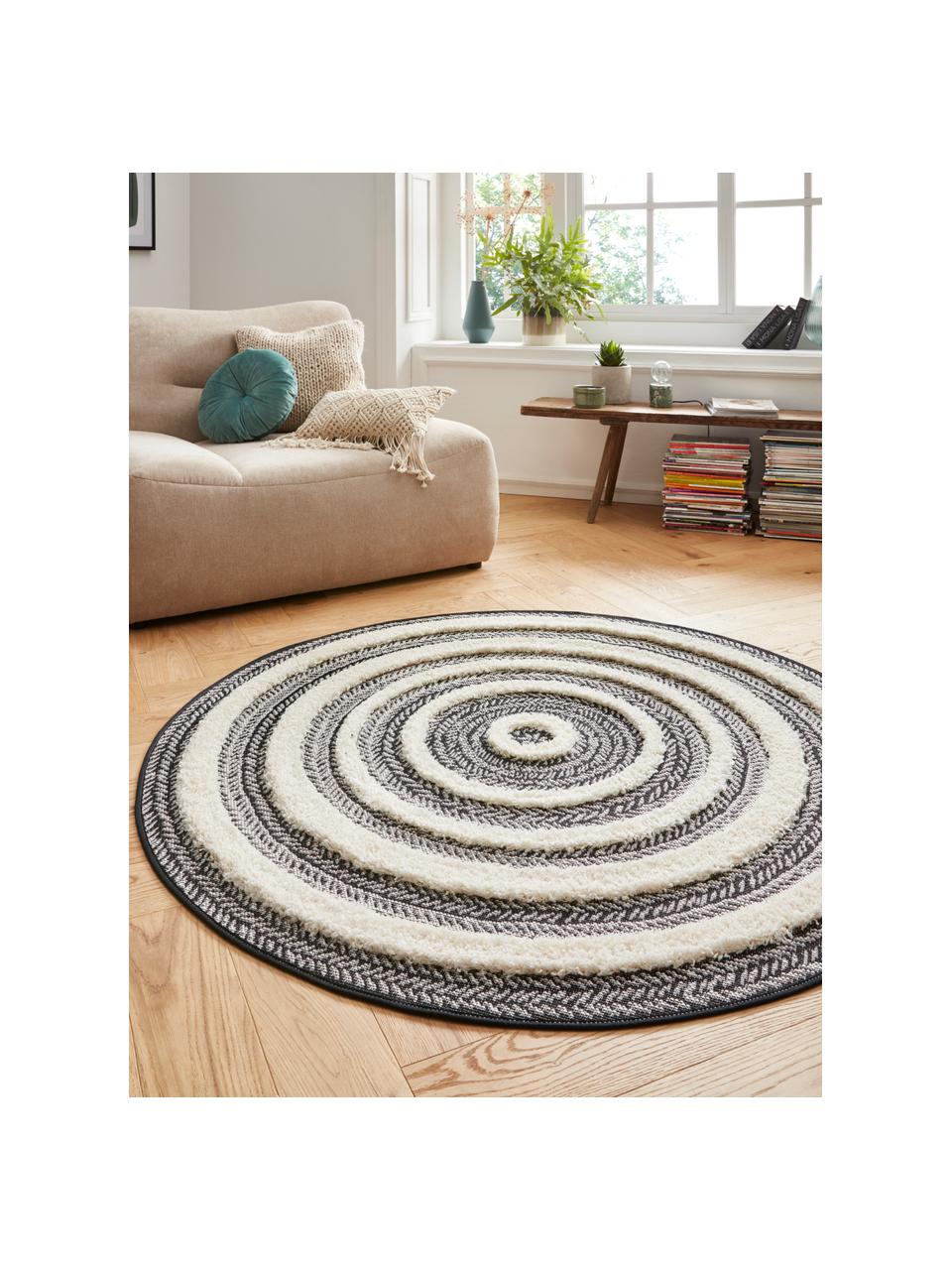 Tapis rond outdoor à effet relief Nador, Gris, couleur crème