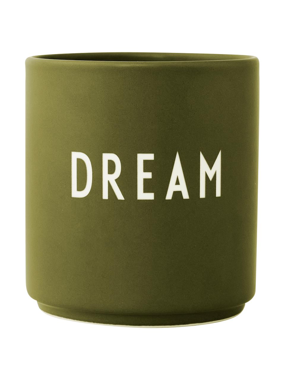 Design beker Favourite DREAM in olijfgroen met opschrift, Beenderporselein (porselein)
Fine Bone China is een zacht porselein, dat zich vooral onderscheidt door zijn briljante, doorschijnende glans., Olijfgroen, wit, Ø 8 x H 9 cm