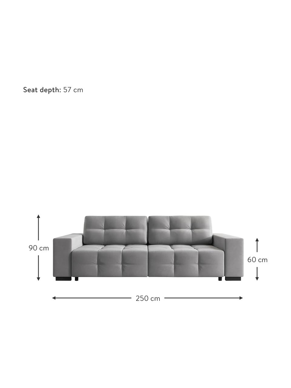 Divano letto 3 posti in velluto grigio chiaro Uvite, Rivestimento: 100% velluto di poliester, Struttura: legno di pino massiccio, , Piedini: legno, Grigio, Larg. 250 x Prof. 106 cm