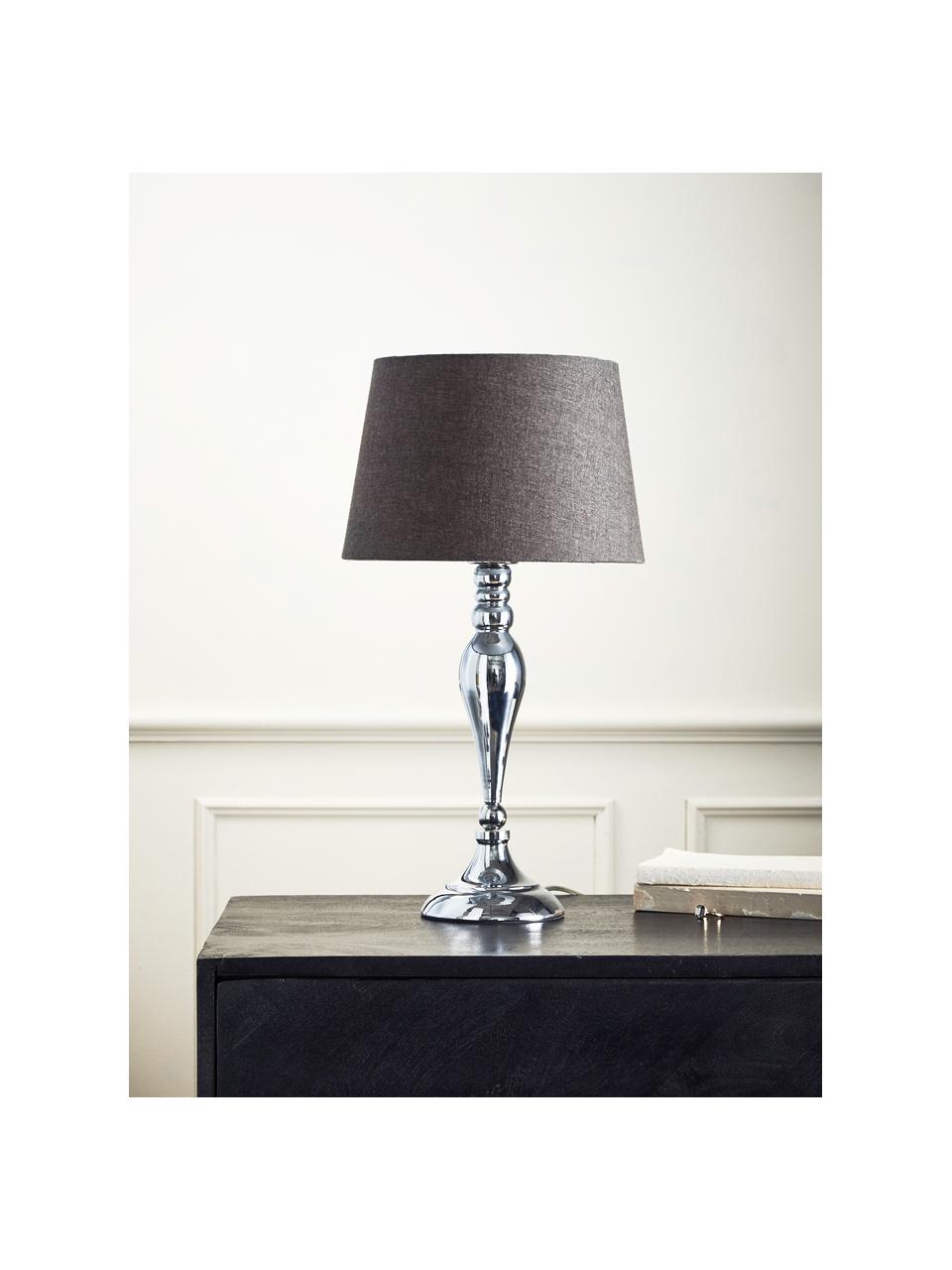 Große Tischlampe Brighton in Chrom, Lampenschirm: Baumwolle, Lampenfuß: Metall, lackiert, Grau, Chromfarben, Ø 25 x H 52 cm