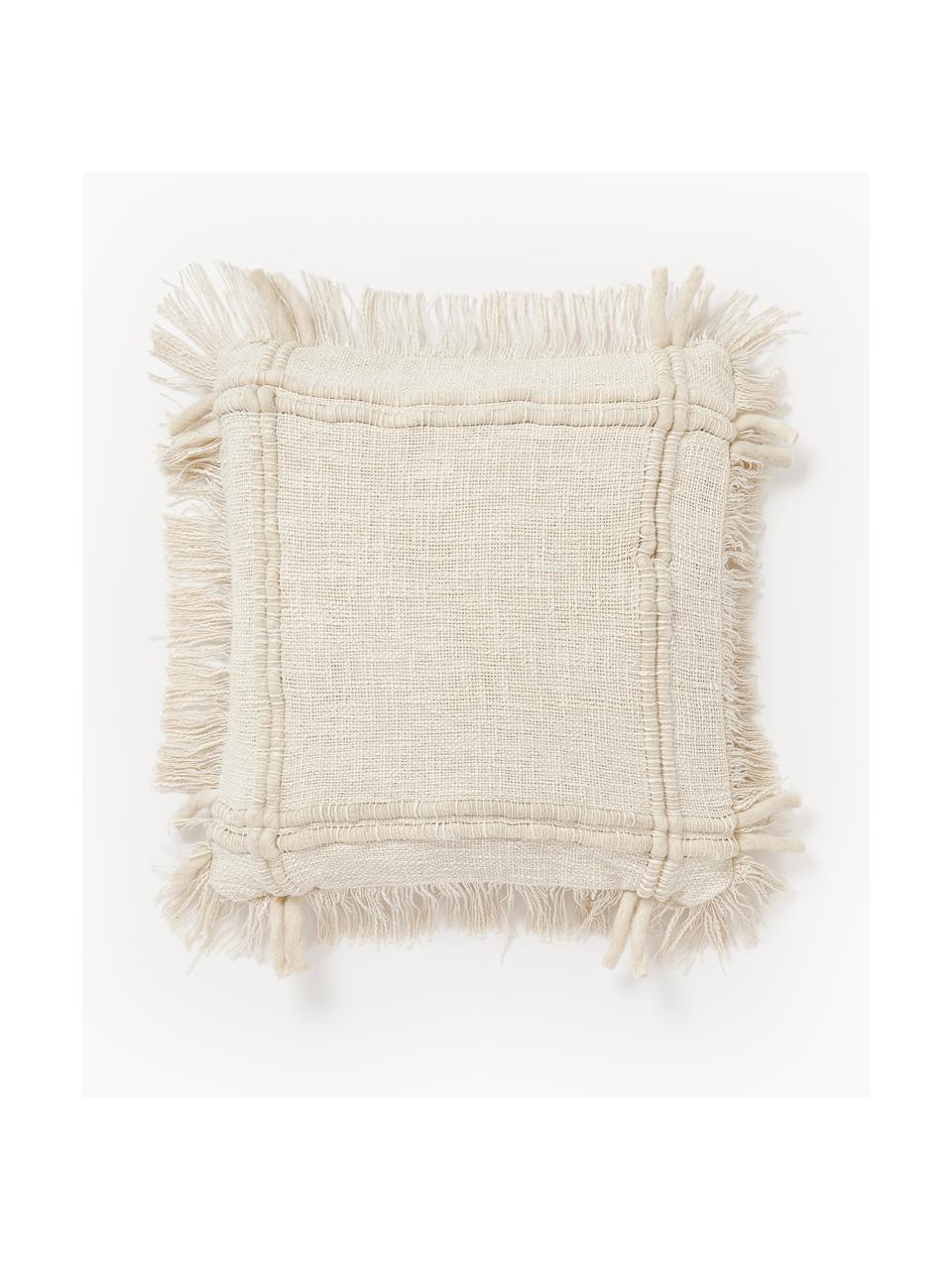 Housse de coussin 45x45 artisanale en coton avec franges Catalina, Beige clair, larg. 45 x long. 45 cm