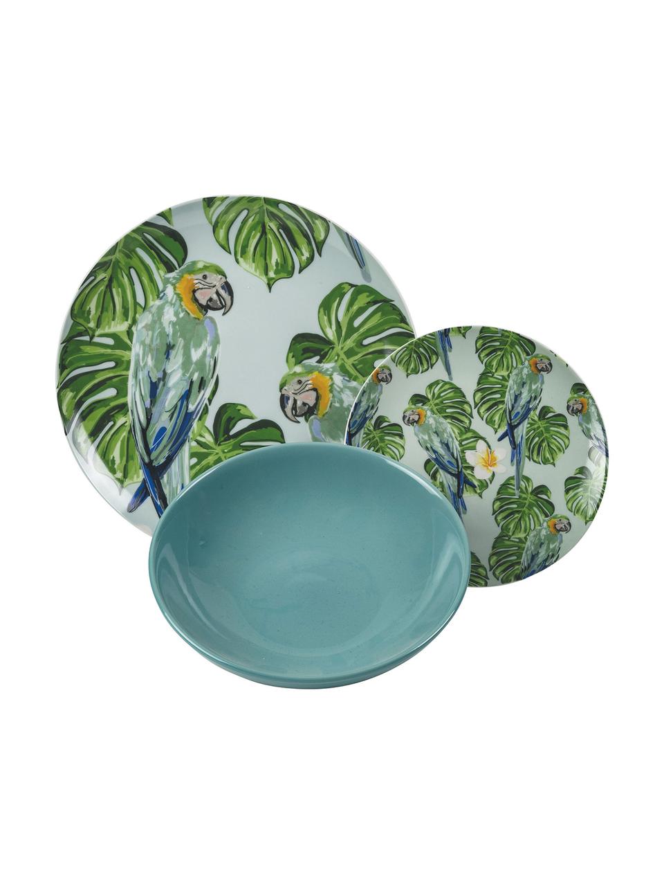 Sada nádobí z porcelánu Parrot Jungle, pro 6 osob (18 dílů), Porcelán, Zelená, více barev, se vzorem, Sada s různými velikostmi