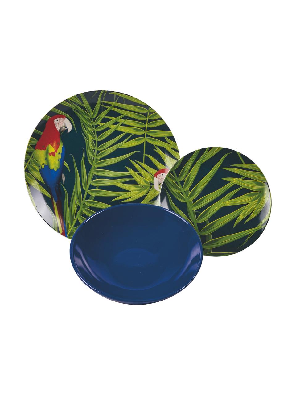 Komplet naczyń z porcelany Parrot Jungle, dla 6 osób (18 elem.), Porcelana, Zielony, wielobarwny, we wzór, Komplet z różnymi rozmiarami