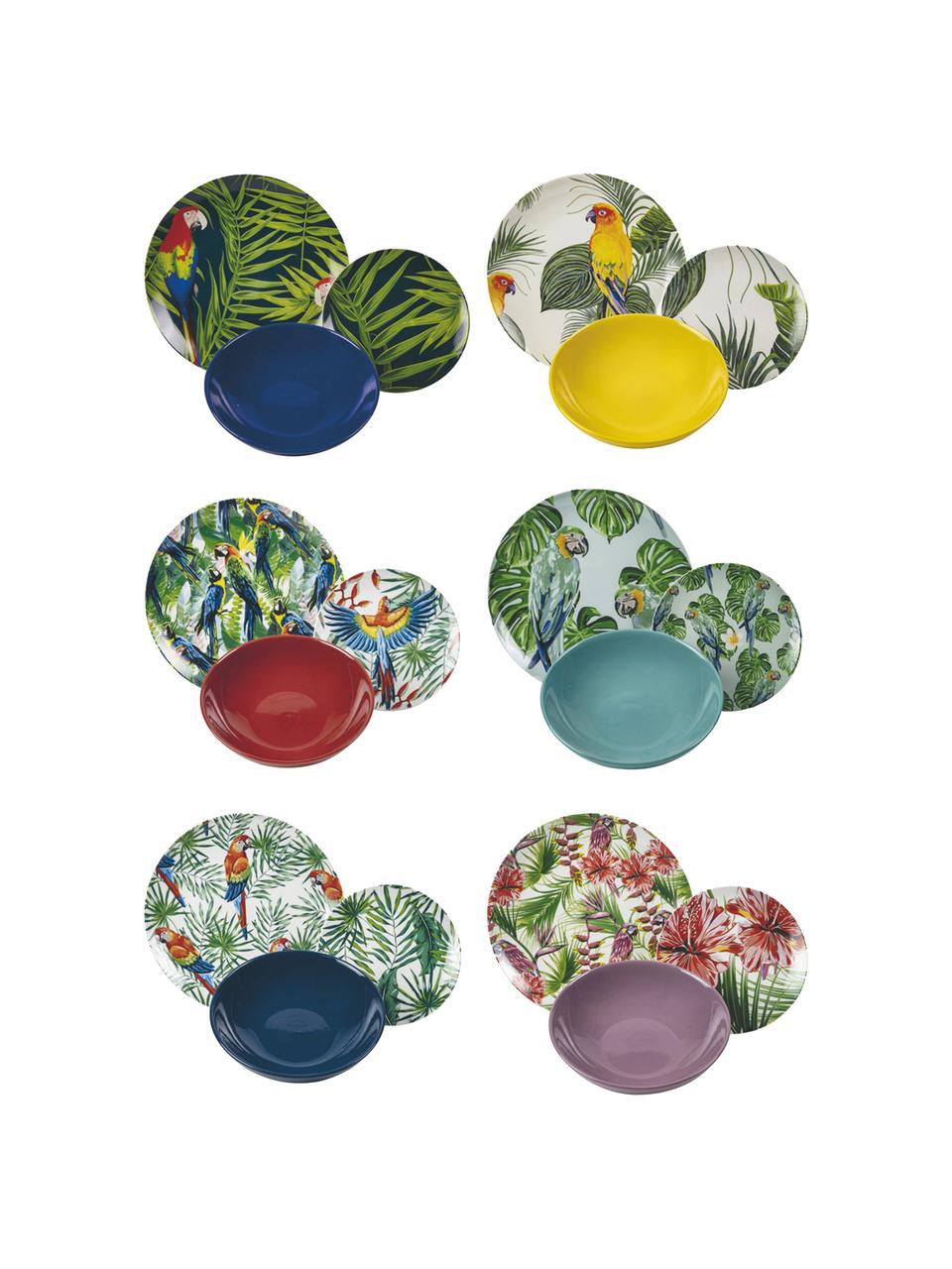 Súprava riadu z porcelánu Parrot Jungle, pre 6 osôb (18 dielov), Porcelán, Zelená, viac farieb, vzorovaná, Súprava s rôznymi veľkosťami