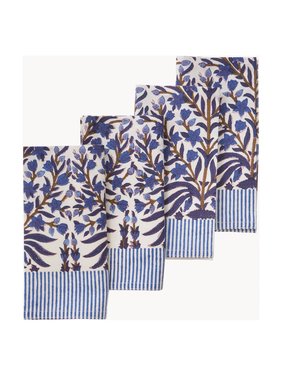 Serviettes avec motif à fleurs Jasmine, 4 pièces, 100 % coton, Bleu foncé, blanc cassé, brun, larg. 45 x long. 45 cm (taille M)