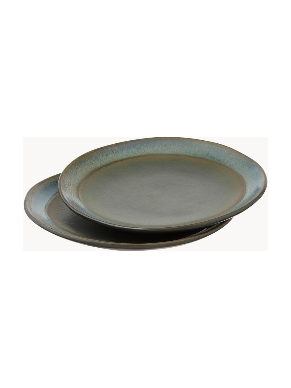 Ručně vyrobené talíře 70's, 2 ks, Kamenina, Odstíny šedomodré a šalvějově zelené, Ø 18 cm