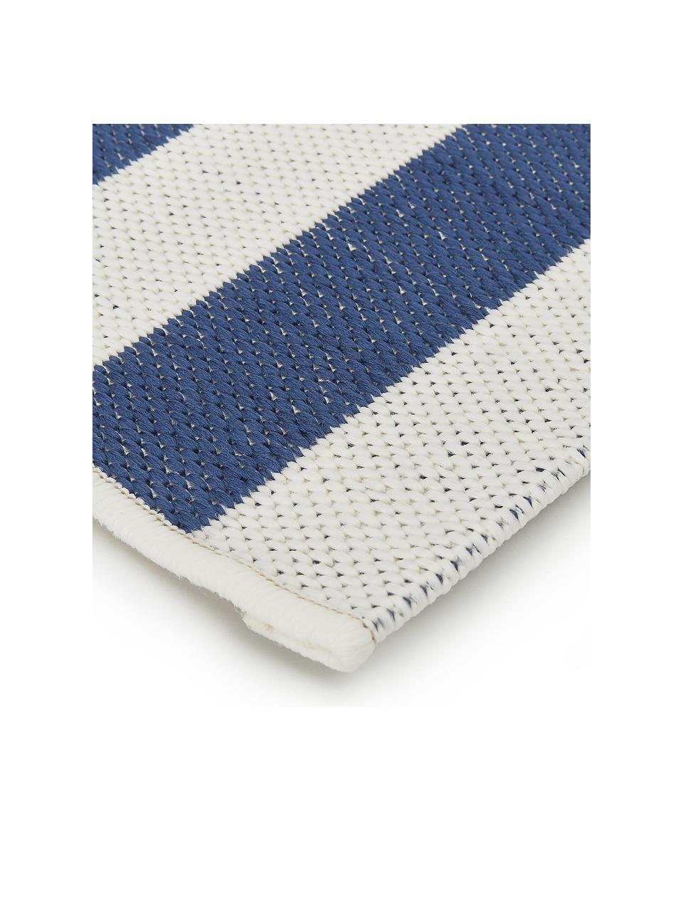 Gestreepte in- & outdoor loper Axa in blauw/crèmewit, 86% polypropyleen, 14% polyester, Crèmewit, blauw, 80 x 250 cm