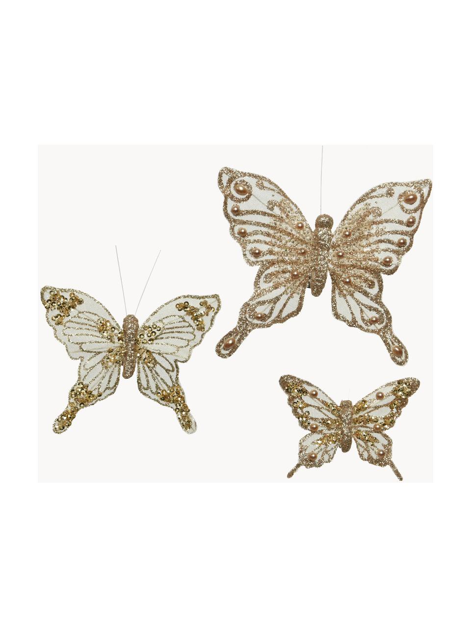 Decoratieve hangers Butterflies, 3 stuks, Kunststof, Goudkleurig, wit, Set met verschillende formaten