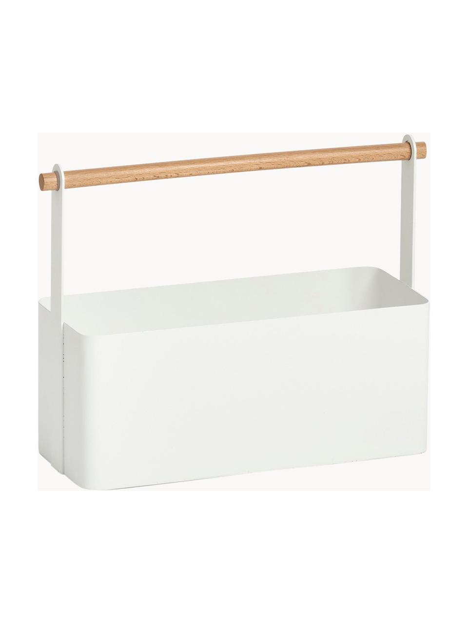 Organizador Ledino, Cesta: metal, recubierto, Asa: madera de haya, Blanco, madera clara, An 32 x Al 24 cm