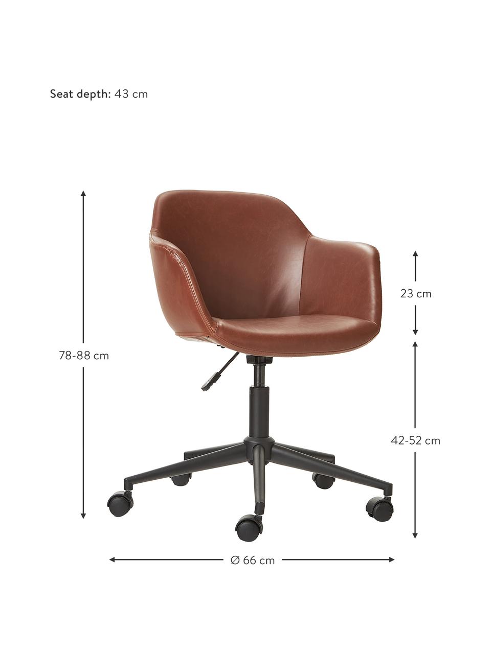 Sedia da scrivania in similpelle con seduta stretta Fiji, Rivestimento: similpelle (100% poliuret, Struttura: metallo verniciato a polv, Ruote: plastica, Similpelle marrone, Larg. 66 x Prof. 66 cm