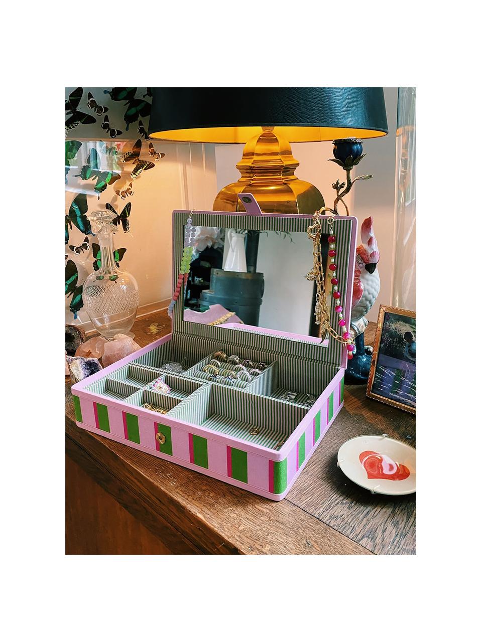 Šperkovnice Evergreen, Bavlna, dřevovláknitá deska střední hustoty (MDF), zrcadlové sklo, Magnet, Růžová, zelená, Š 32 cm, H 22 cm