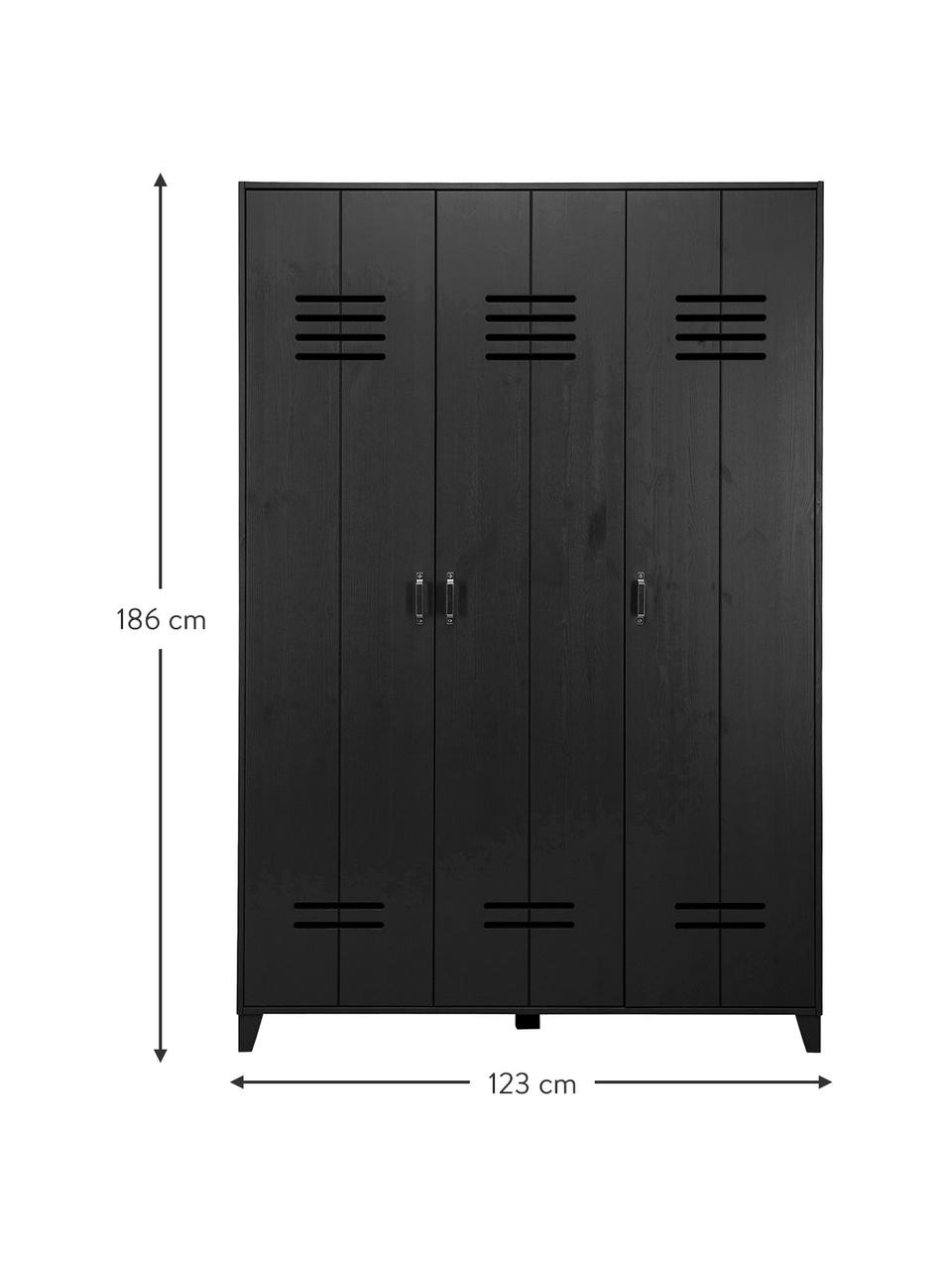 Armadio a 3 ante in legno nero Locker, Legno di pino rivestito, Nero, Larg. 123 x Alt. 186 cm