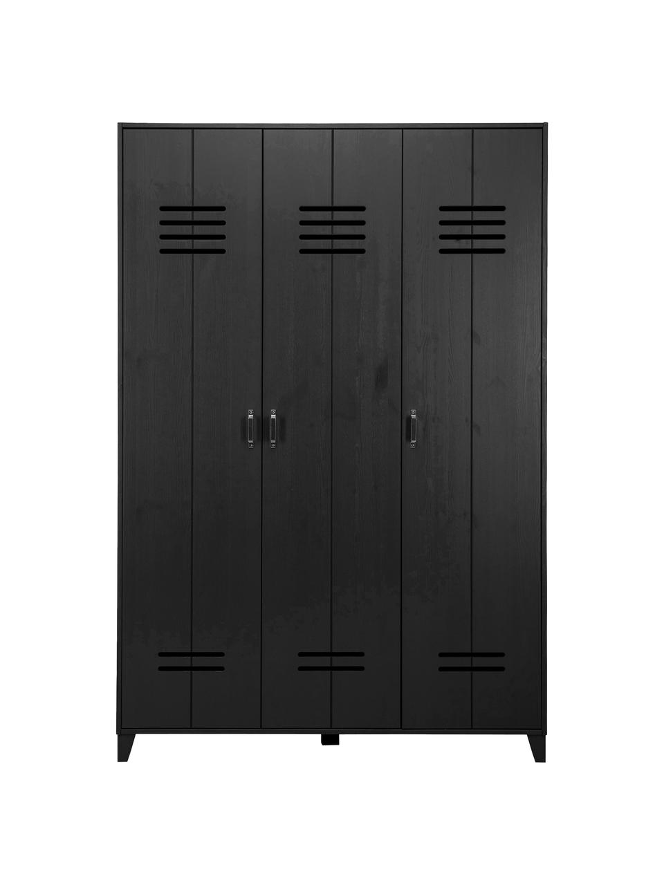 Houten kledingkast Locker in zwart, 3 deuren, Gecoat grenenhout, Zwart, B 123 x H 186 cm