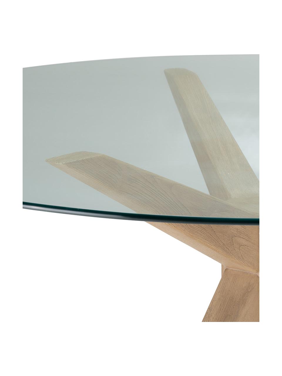 Mesa de comedor redonda Malmo, Patas: madera de roble, Tablero: vidrio templado, Beige, transparente, Ø 135 x Al  cm