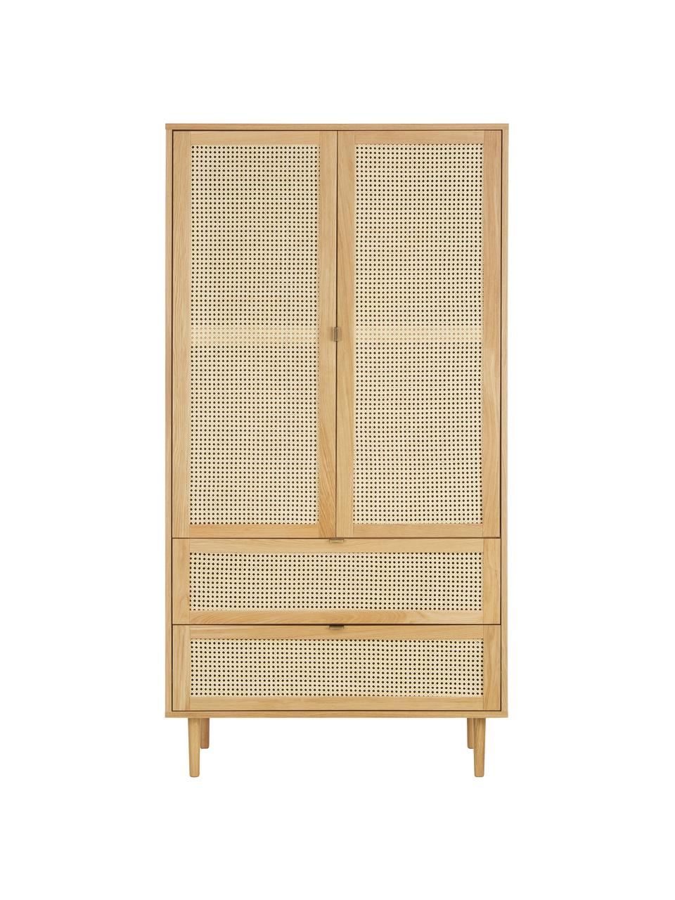 Armadio piccolo a 2 ante con intreccio viennese Aries, Struttura: truciolare con finitura i, Gambe: legno di quercia massicci, Intreccio viennese: canna di zucchero, Legno, chiaro verniciato, Larg. 100 x Lung. 194 cm