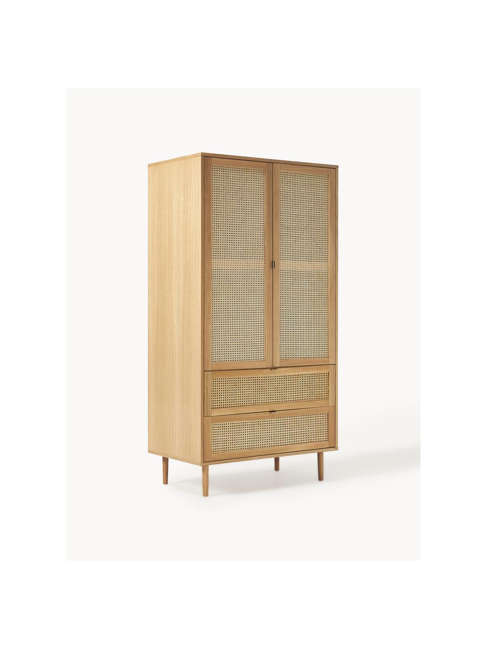 Armario pequeño con tejido vienés Aries, 2 puertas, Estructura: aglomerado con chapa de m, Patas: madera de roble maciza, Madera de roble barnizado claro, An 100 x Al 194 cm