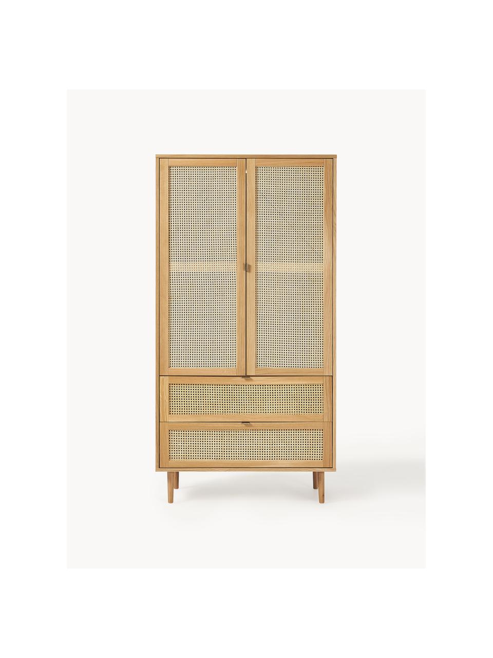 Armario pequeño con tejido vienés Aries, 2 puertas, Estructura: aglomerado con chapa de m, Patas: madera de roble, Madera de roble barnizado claro, An 100 x Al 194 cm