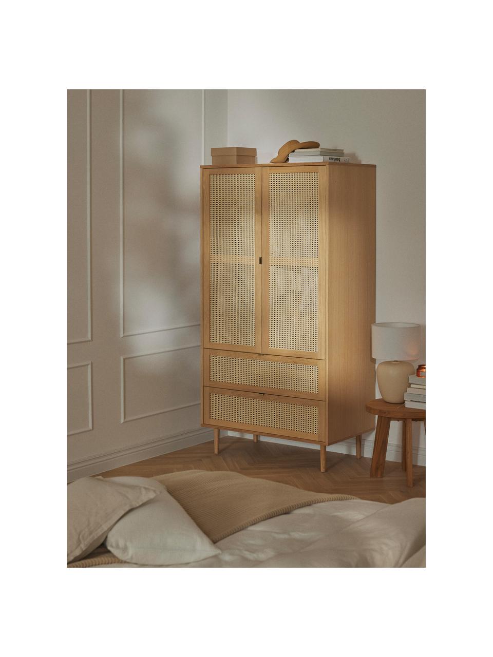 Petite armoire en cannage Aries, 2 portes, Chêne clair laqué, larg. 100 x haut. 194 cm